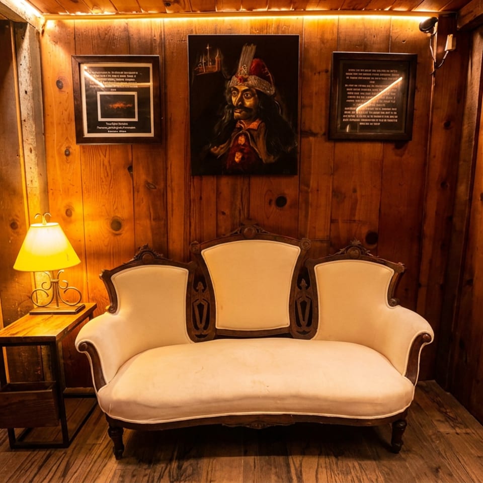 Ornate white loveseat and side table with lamp in a warmly lit wood-paneled room featuring historic portraits and framed plaques.