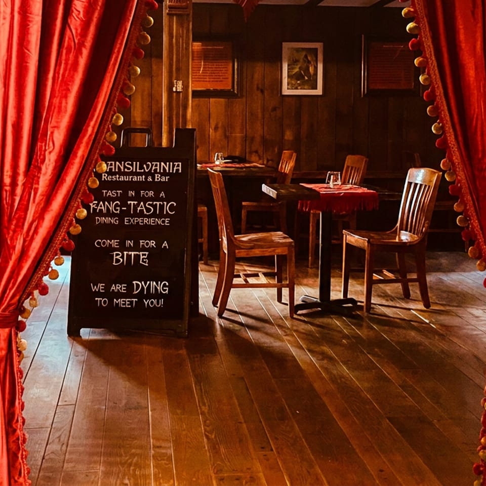 Red theater curtains frame a rustic restaurant dining room with wooden tables, chairs, and a welcome chalkboard.