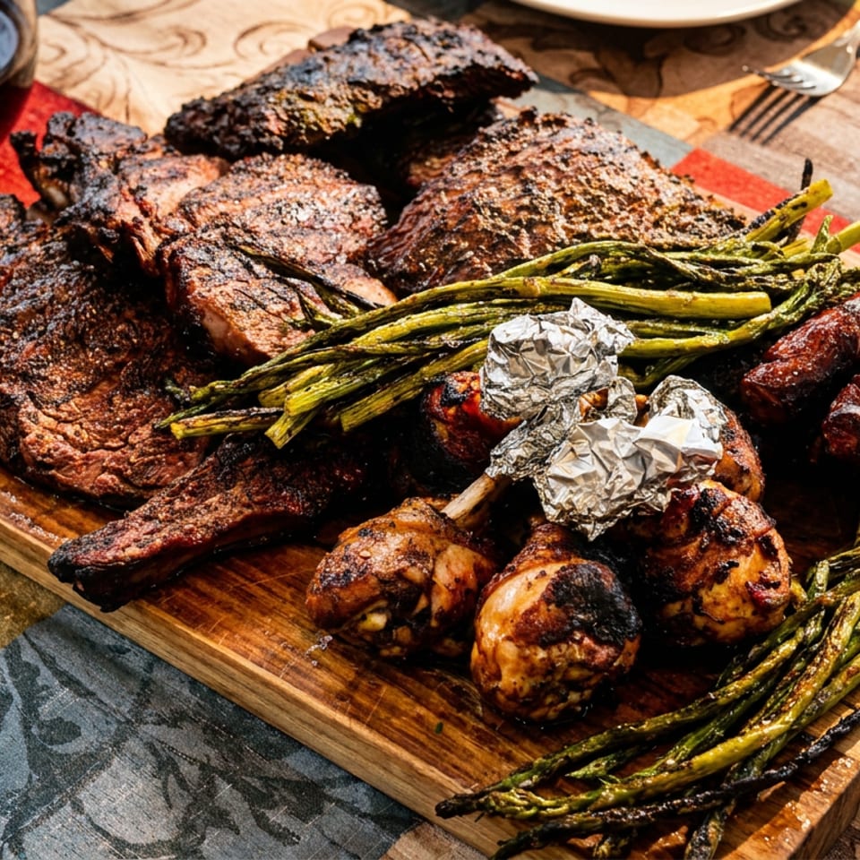 Grilled meats, sausages, chicken, foil-wrapped potatoes, and asparagus arranged on a wooden serving board beside red wine.