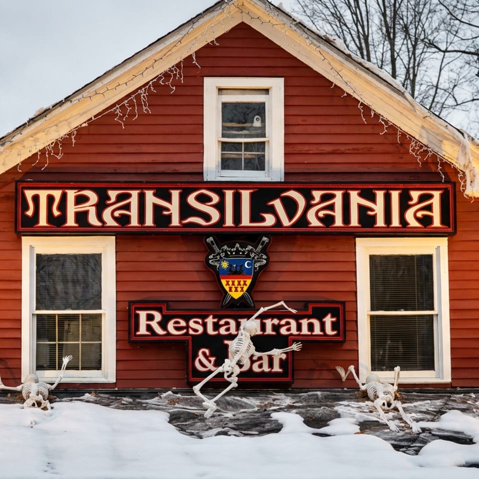 Snow-covered red Transylvania Restaurant & Bar building decorated with string lights and skeletons outside.