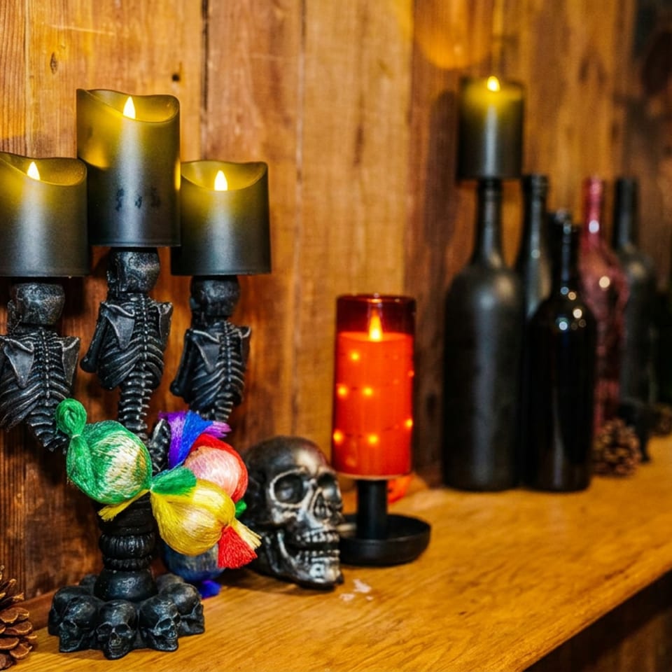 Rustic wooden bar decorated with skeleton candleholders, colorful ornaments, skull decor, glowing candles, and wine bottles.