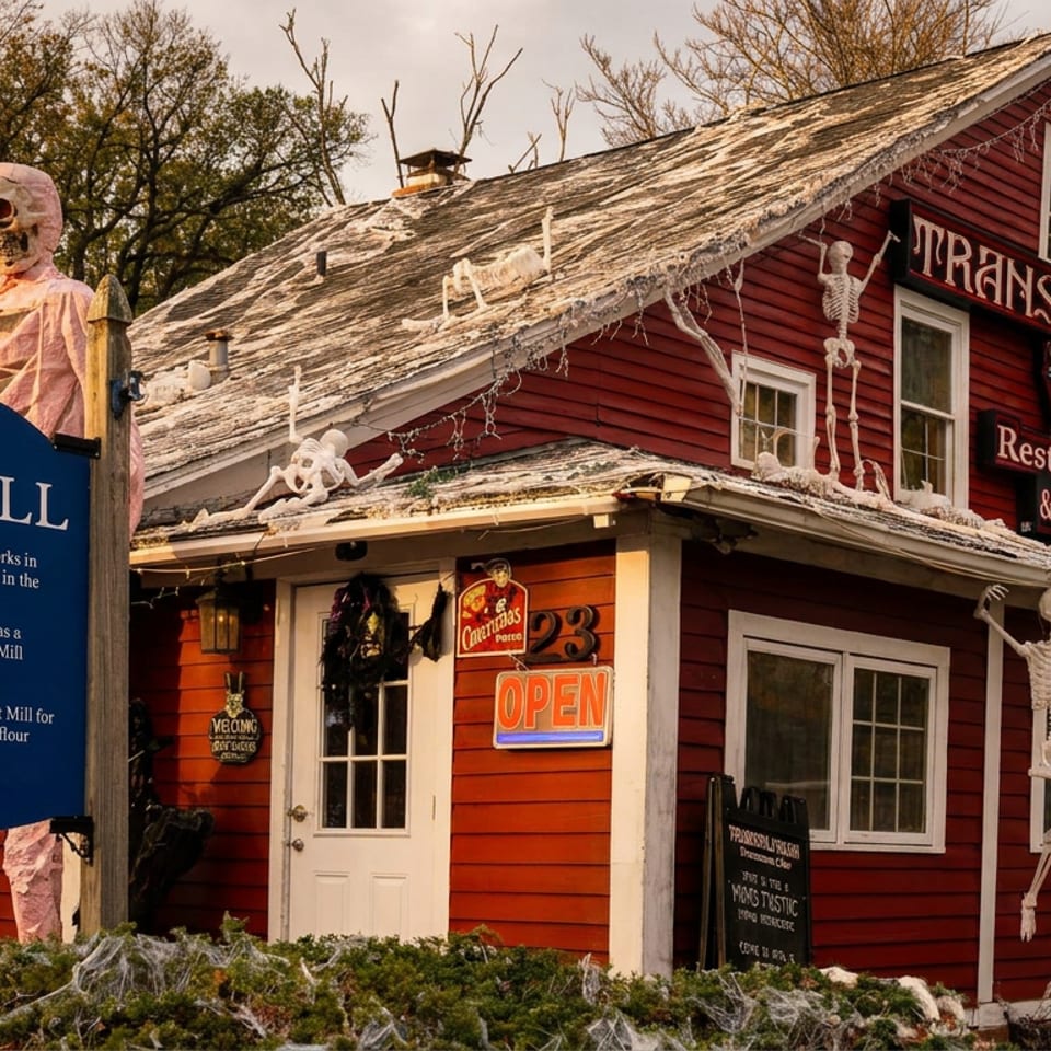 Red Pennsylvania Restaurant and Bar decorated with skeletons, cobwebs, and Halloween displays beside an Old Mill historical sign.