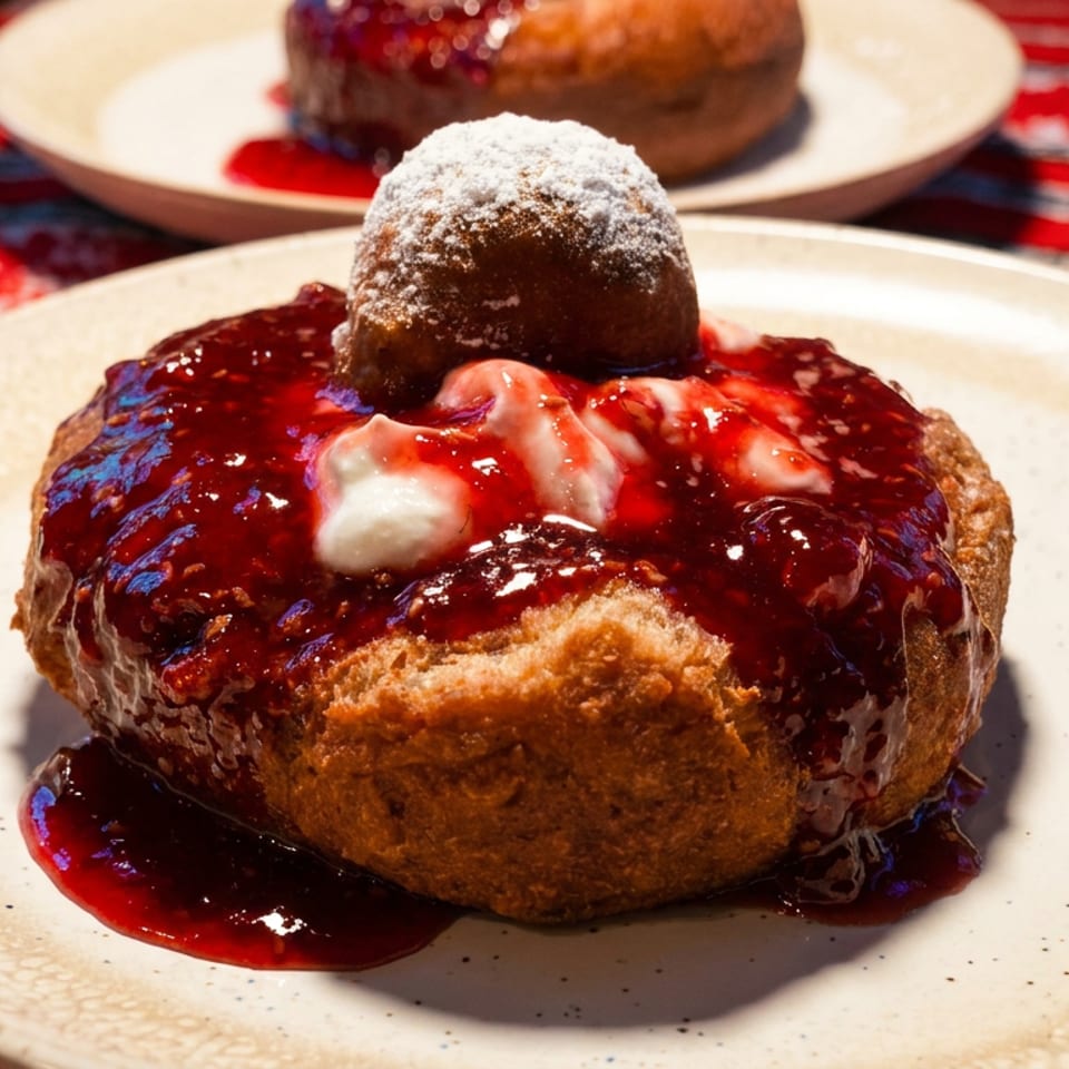 Pastry topped with powdered sugar, berry sauce, and cream on a plate, with another dessert behind it on a red patterned tablecloth.