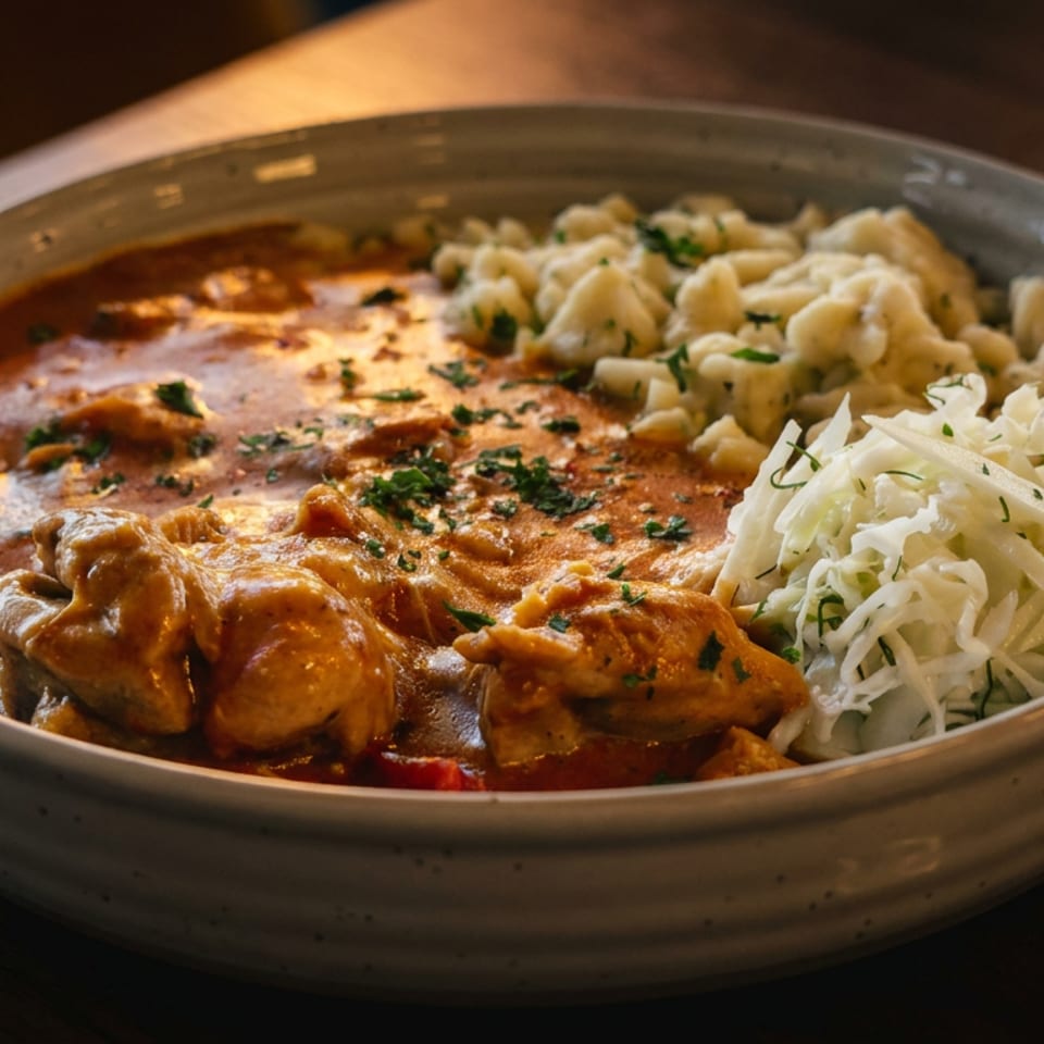 Creamy chicken curry with mushroom sauce, pasta, and shredded cabbage served in a shallow ceramic bowl on a wooden table.