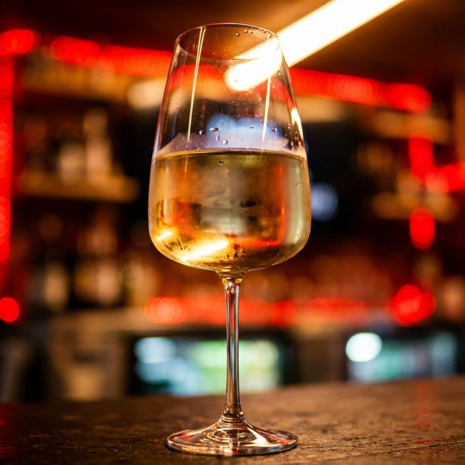 A wine glass filled with pale sparkling wine sits on a wooden bar, with warm red and amber restaurant lights blurred behind it.