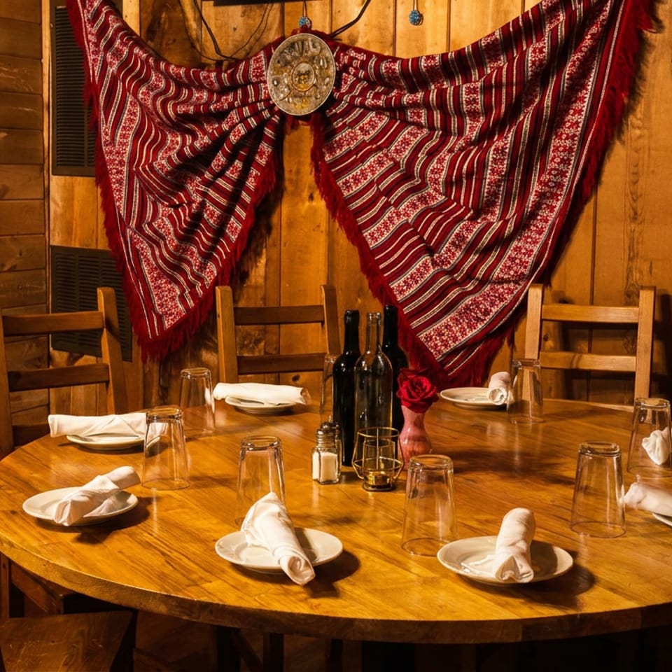 Rustic restaurant dining room with a round wooden table set with rolled napkins, glasses, bottles, and chairs beneath colorful woven wall textiles.