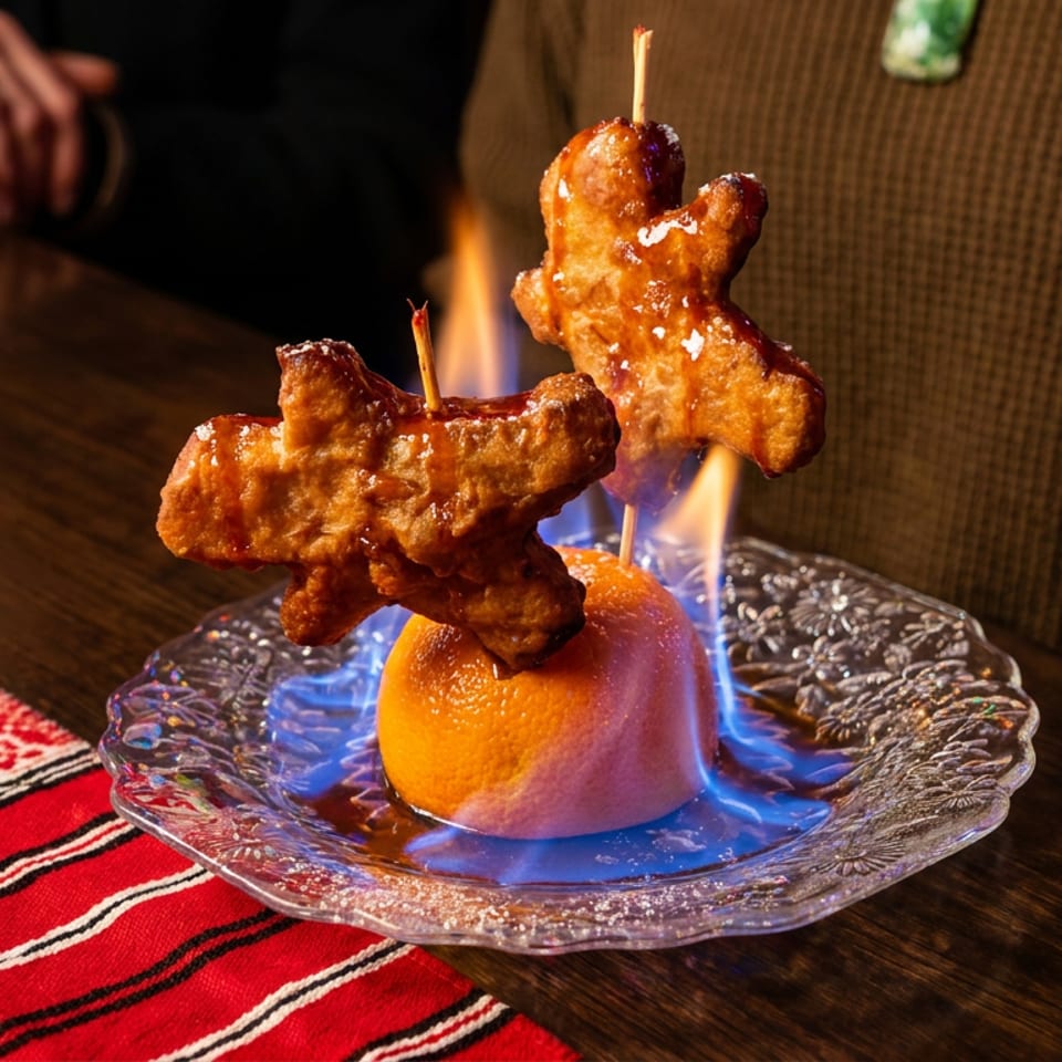 Flaming dessert features two glazed pastry figures skewered over an orange on a glass plate, with diners seated at a wooden table.