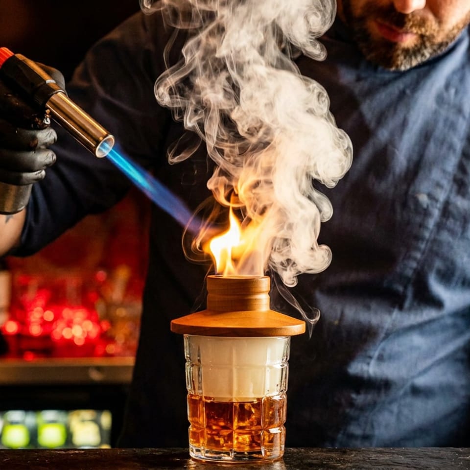 Bartender uses a blowtorch to create a flaming, smoking cocktail in a dimly lit bar.