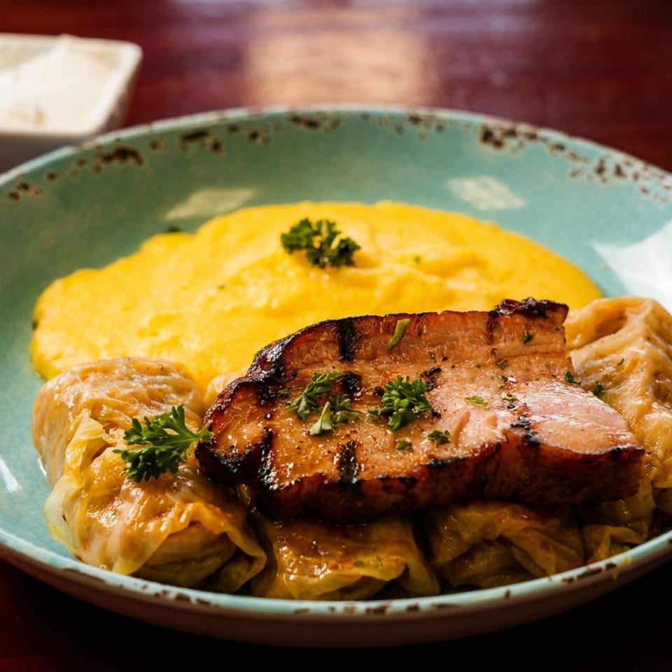 Grilled pork steak with parsley, cabbage rolls, and creamy mashed potatoes served on a turquoise plate.